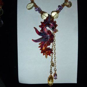 MANJA PAU SOLAR AMETHYST LEMON TOPAZ BORO LAMPWORK SEAHORSE NECKLACE & EARRINGS